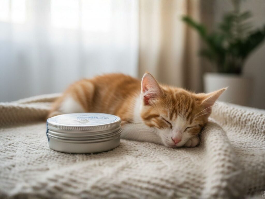 Gato descansando tranquilamente ao lado de uma lata de bálsamo calmante para animais com CBD
