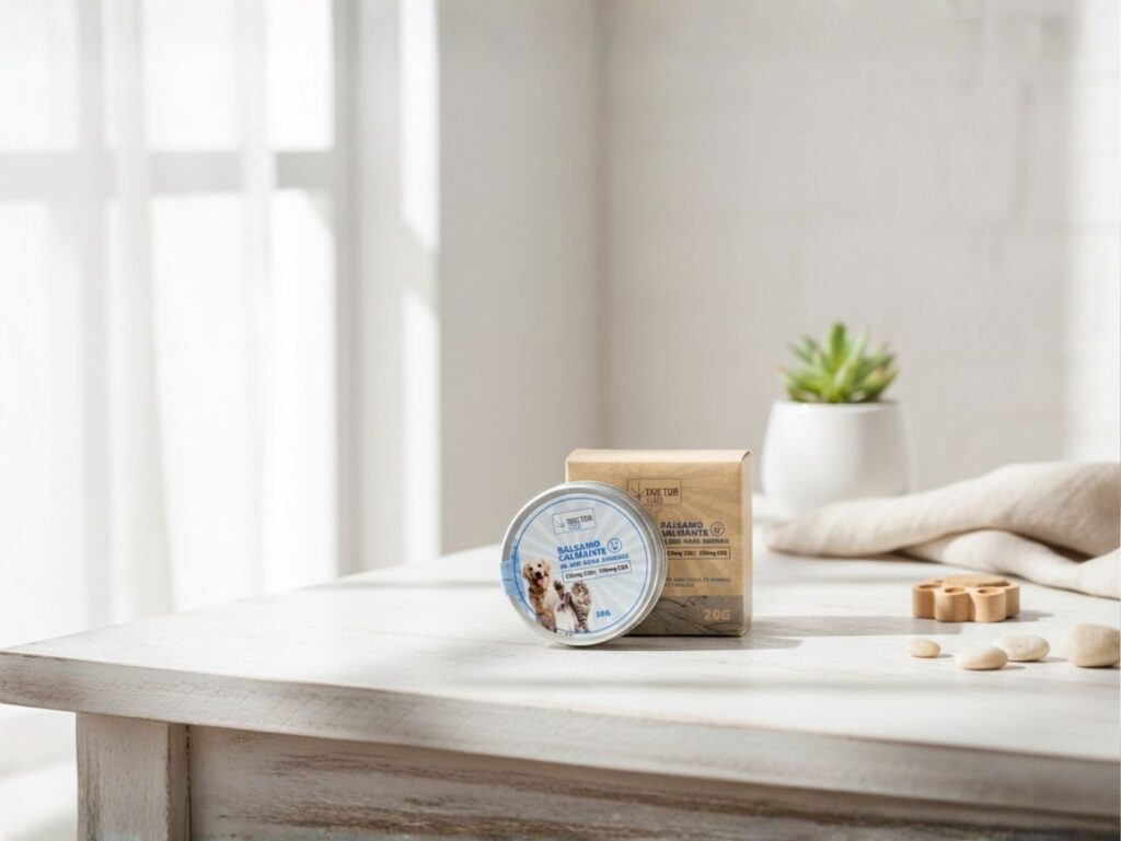 bálsamo calmante para animais com CBD em ambiente minimalista