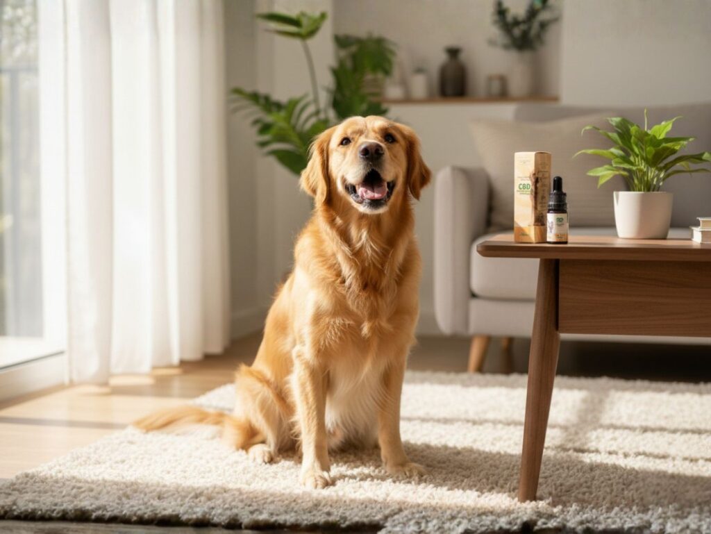 Imagem de um cão num ambiente doméstico tranquilo, com produtos de CBD para uso animal visíveis ao fundo, representando o enquadramento e a utilização responsável de CBD para animais.