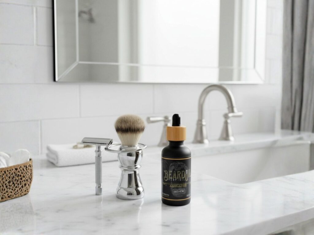 Óleo de barba com CBD em rotina de cuidado pessoal com cosméticos de CBD