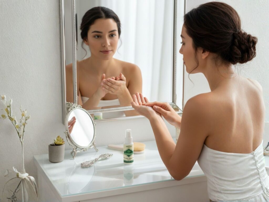 Mulher a aplicar creme para mãos de cânhamo Green Moon num ritual diário de cuidado da pele