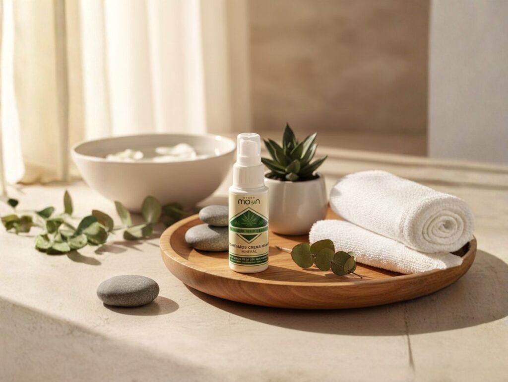 Frasco de creme para mãos de cânhamo Green Moon com toalhas e elementos naturais