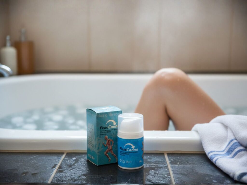 Creme de massagem com CBD frio FisioCanna após banho para relaxamento muscular