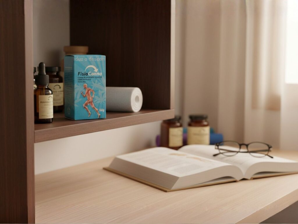 Creme de massagem com CBD frio FisioCanna exposto em ambiente de bem-estar e recuperação muscular