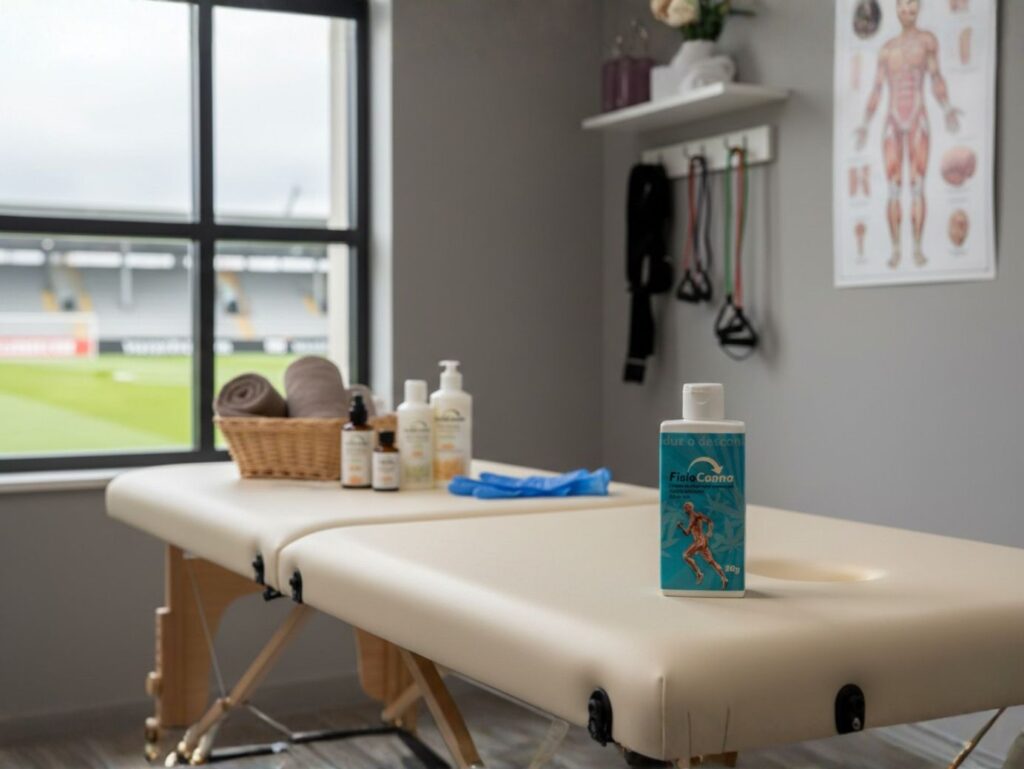 Creme de massagem com CBD frio utilizado em contexto de fisioterapia e massagem desportiva