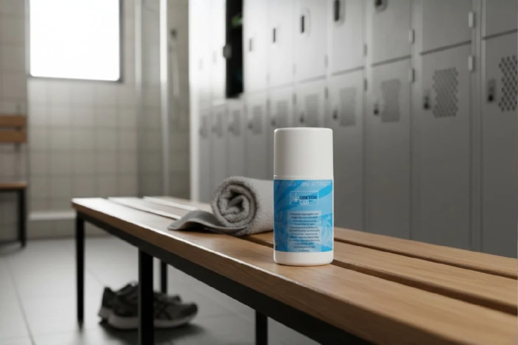 Creme de massagem com cbd frio em ambiente desportivo, indicado para aplicação tópica após esforço físico