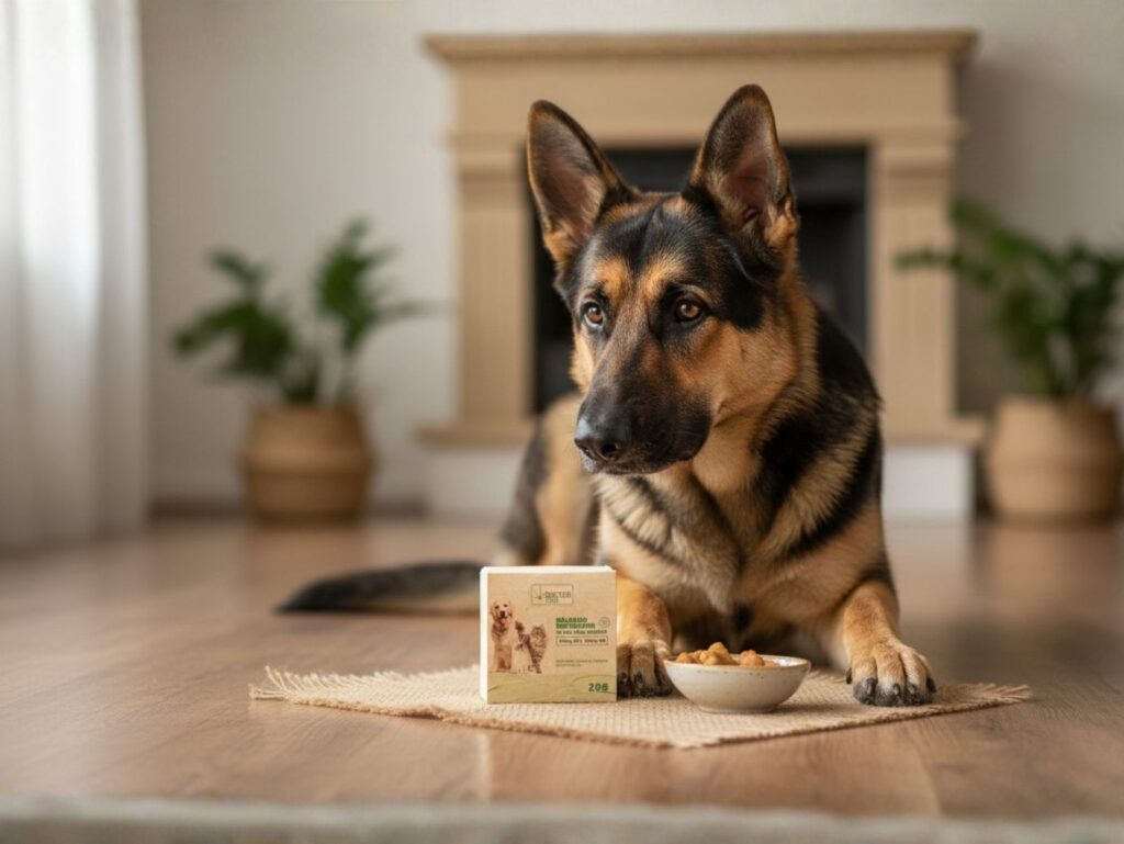 Cão próximo ao produto bálsamo de cbd reparador para animais