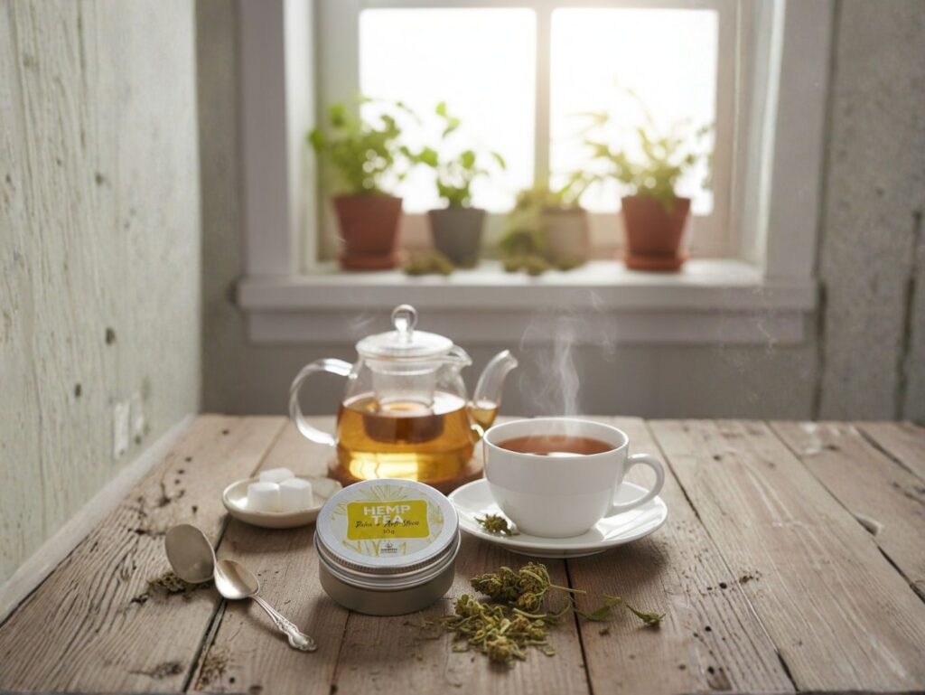 Mesa com chá e produto à base de cânhamo, ilustrando formatos líquidos e alimentares associados aos comestíveis de CBD.