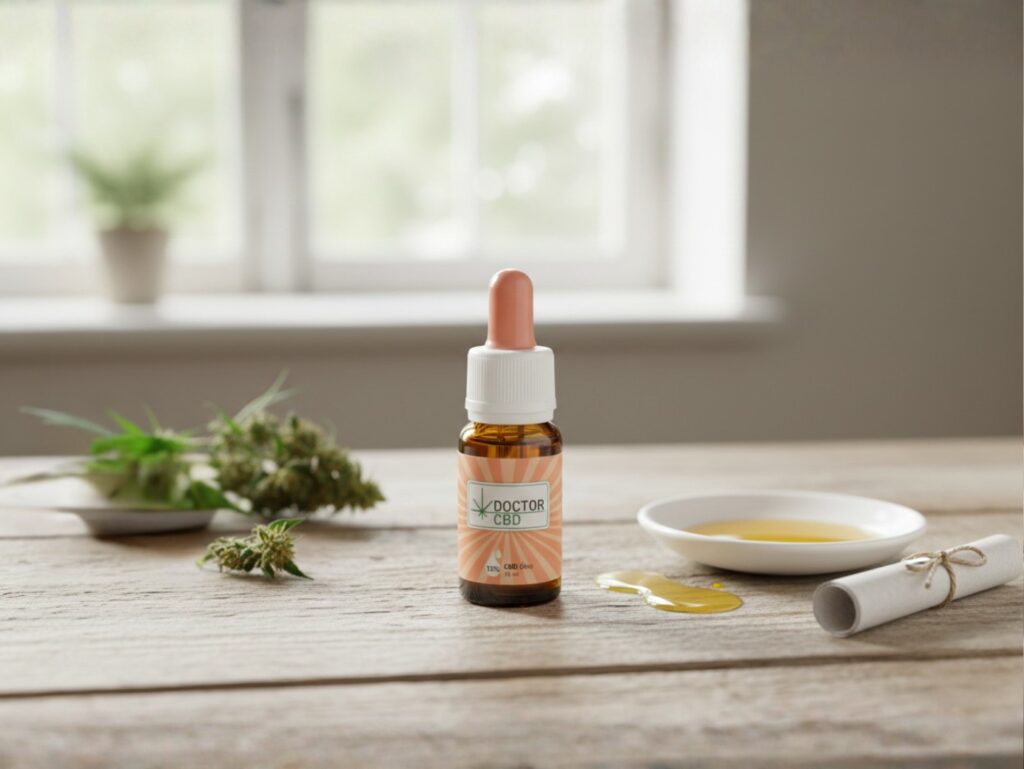 Óleo de CBD 15%: para que serve, como usar e por que escolher esta concentração 2 Frasco de óleo de cbd 15% Doctor CBD em ambiente natural e calmo