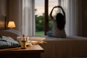 Frasco de óleo de cbd 10% Doctor CBD num ambiente calmo de descanso, integrado numa rotina diária de bem-estar