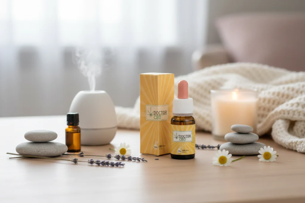 Óleo de CBD 10%: para que serve, como usar e para quem é indicado 1 Frasco de óleo de cbd 10% Doctor CBD apresentado num ambiente de relaxamento e bem-estar