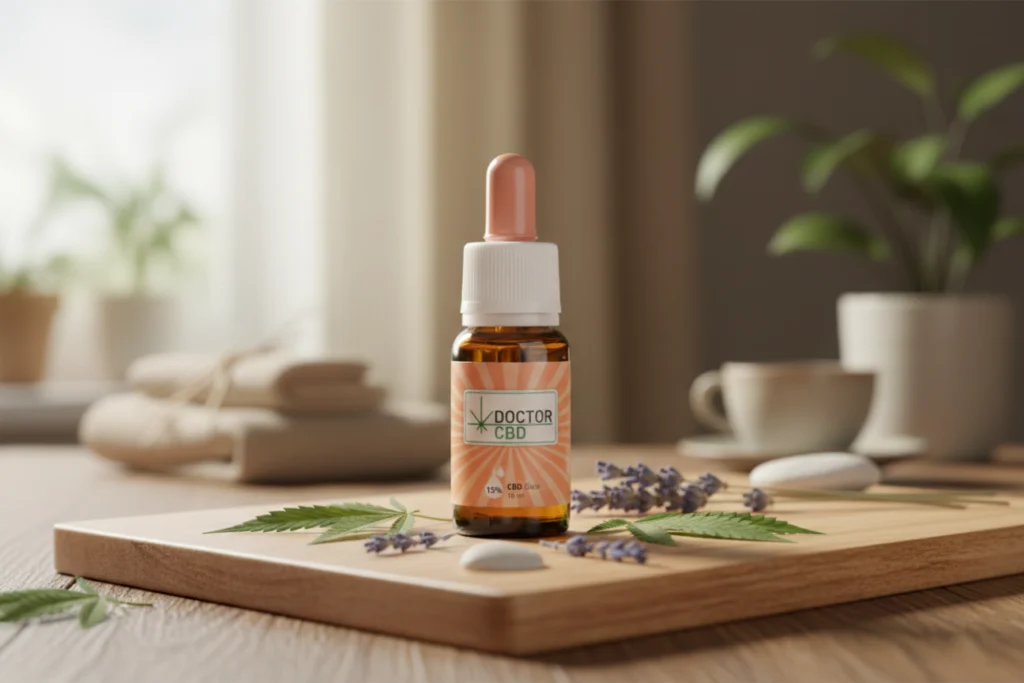 Frasco de óleo de cbd 15% Doctor CBD apresentado num ambiente natural e associado a uma rotina de bem-estar diário