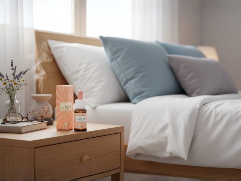 Óleo de CBD 15%: para que serve, como usar e por que escolher esta concentração 1 Frasco de óleo de cbd 15% Doctor CBD sobre mesa de cabeceira, integrado numa rotina diária de bem-estar