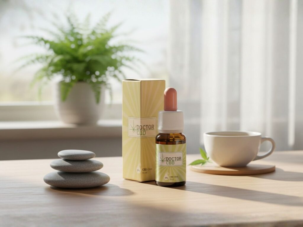 Óleo de CBD: composição, concentrações e critérios de qualidade 4 Frasco de óleo de CBD da Doctor CBD num ambiente tranquilo