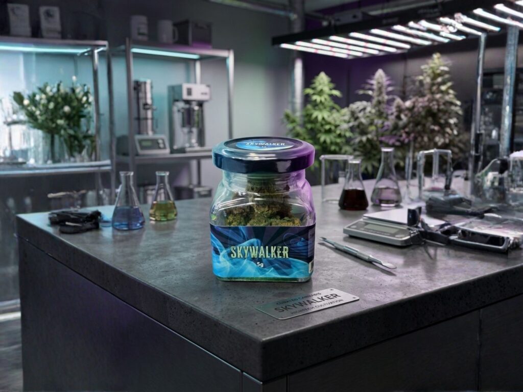 Frasco de skywalker cbd Doctor CBD apresentado num contexto técnico e controlado