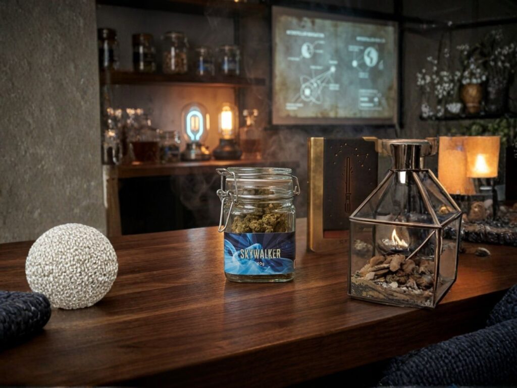 Frasco de skywalker cbd Doctor CBD apresentado num ambiente interior elegante e acolhedor