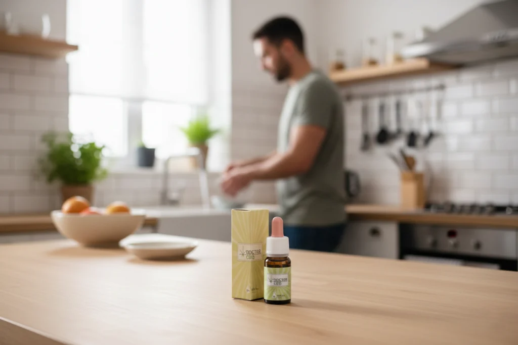 Frasco de óleo de cbd 5% Doctor CBD em ambiente calmo de relaxamento e descanso