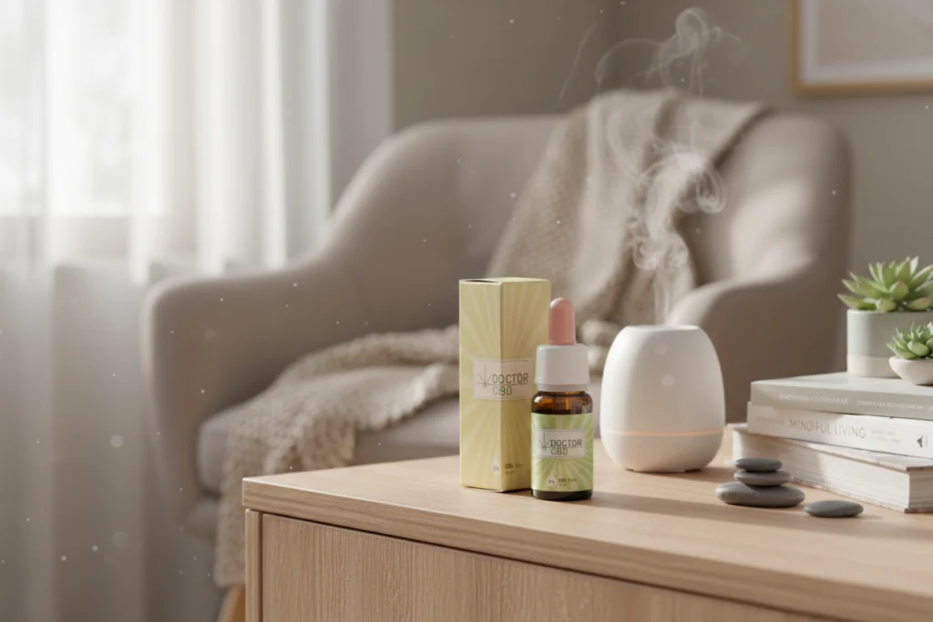 Frasco de óleo de cbd 5% Doctor CBD integrado numa rotina diária de bem-estar em ambiente doméstico