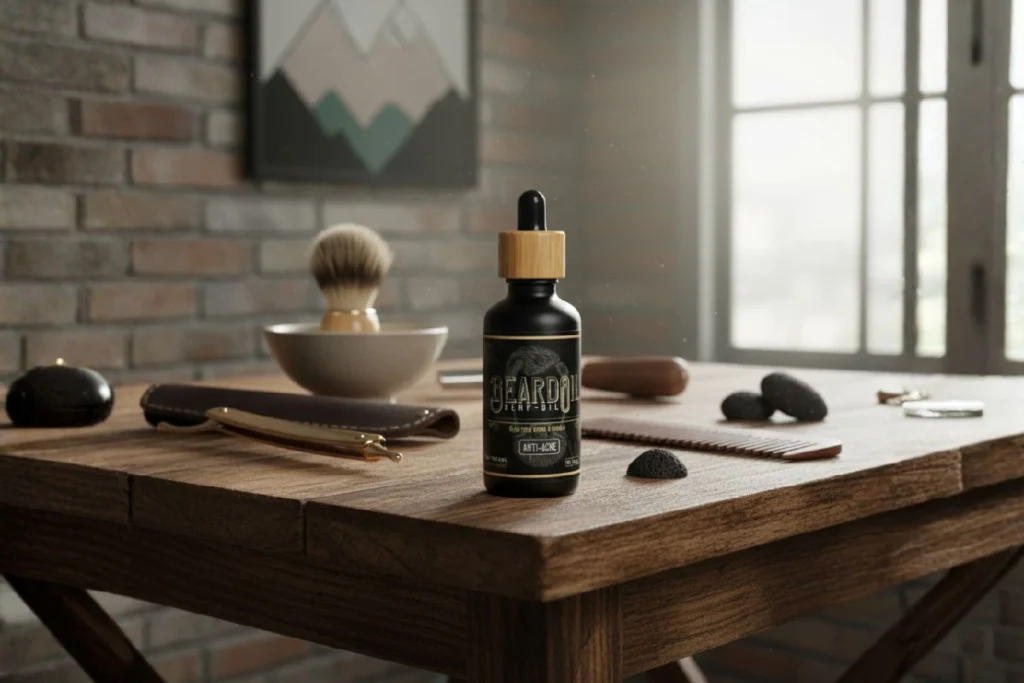 Óleo da barba com CBD aplicado na rotina de cuidados masculinos, com acessórios de barbear e acabamento natural