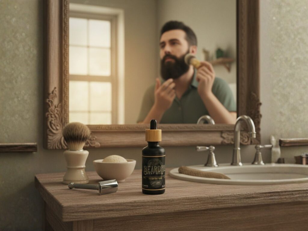 Óleo da barba a ser aplicado durante a rotina de cuidados diários da barba