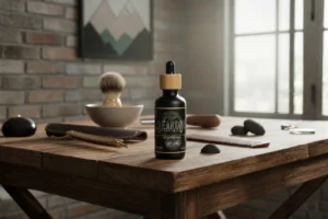 Óleo da barba com CBD aplicado na rotina de cuidados masculinos, com acessórios de barbear e acabamento natural