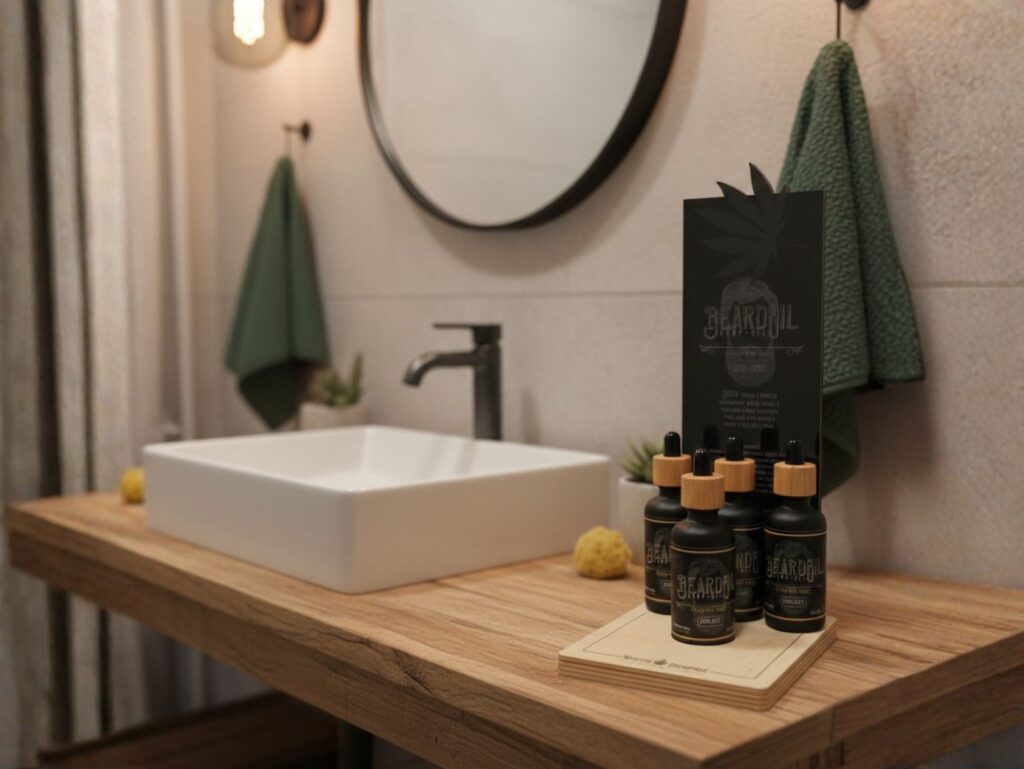 Óleo da barba com CBD Doctor CBD em ambiente de casa de banho moderno