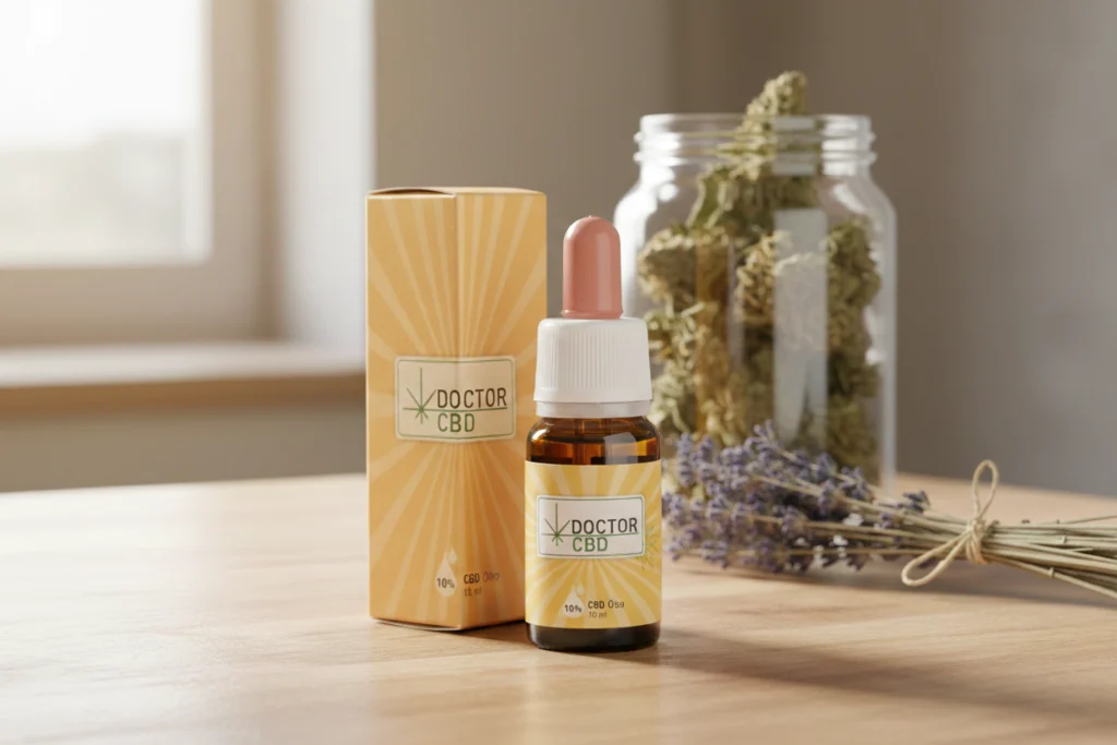 Óleo de CBD 10%: para que serve, como usar e para quem é indicado 3 Frasco de óleo de cbd 10% Doctor CBD com embalagem original, apresentado num ambiente natural e calmo