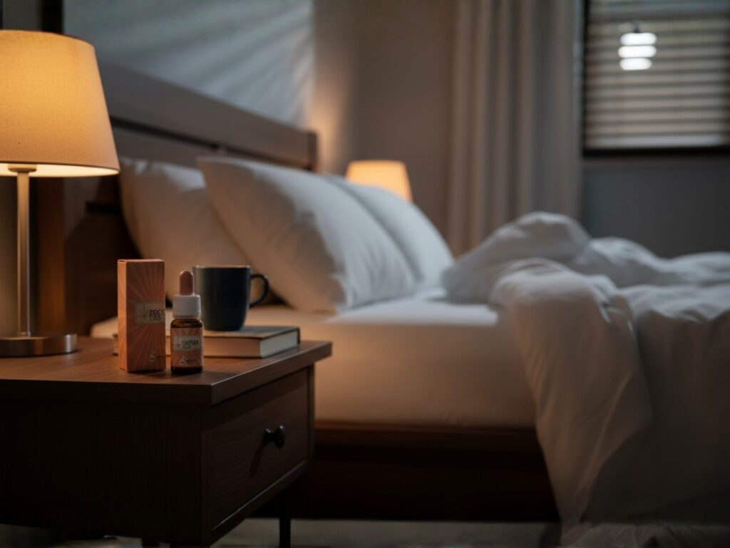 Óleo de CBD 15%: para que serve, como usar e por que escolher esta concentração 3 Utilização do óleo de cbd 15% Doctor CBD num ambiente noturno e tranquilo