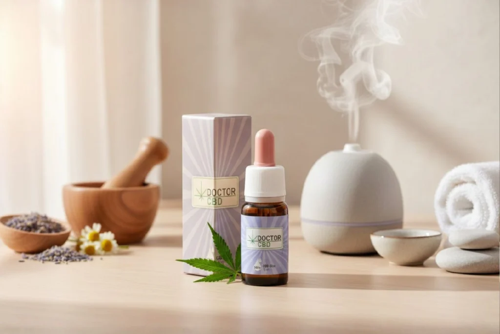 Óleo de CBD a 30% Doctor CBD em frasco com conta-gotas, produto de elevada concentração apresentado em ambiente de bem-estar