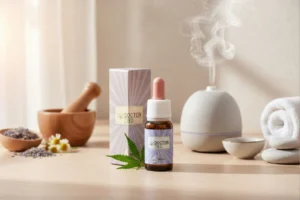 Óleo de CBD a 30% Doctor CBD em frasco com conta-gotas, produto de elevada concentração apresentado em ambiente de bem-estar
