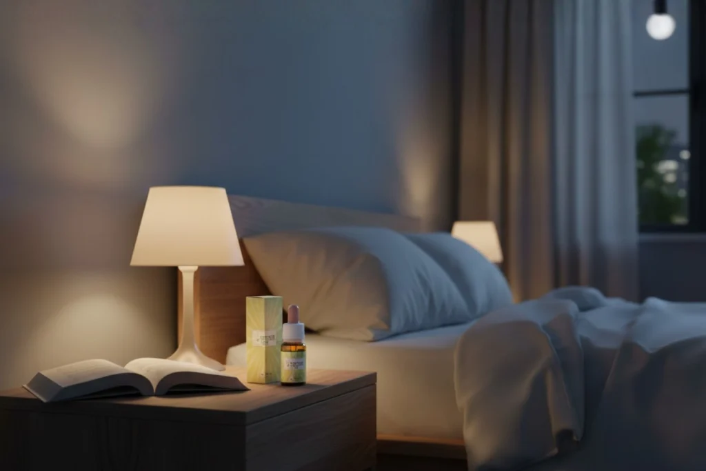 Frasco de óleo de CBD num ambiente tranquilo associado ao bem-estar