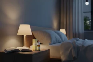 Frasco de óleo de CBD num ambiente tranquilo associado ao bem-estar