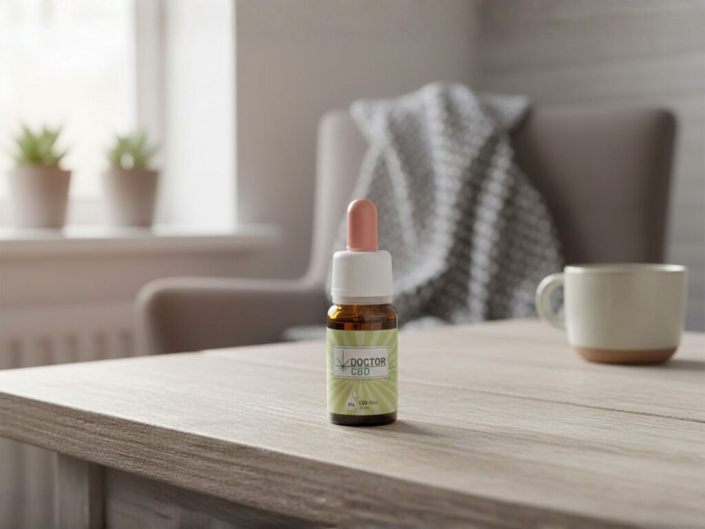Óleo de CBD: composição, concentrações e critérios de qualidade 3 Frasco de óleo de CBD da Doctor CBD num ambiente tranquilo