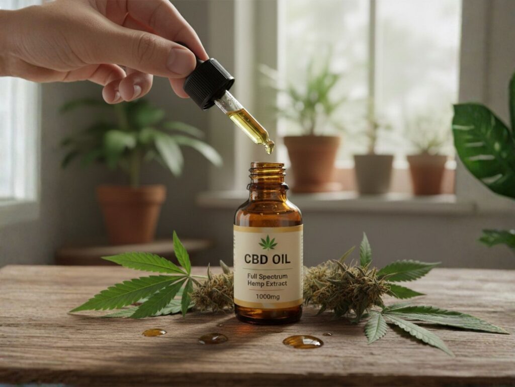 Óleo de CBD: composição, concentrações e critérios de qualidade 1 Imagem de um frasco de óleo de CBD com conta-gotas, acompanhado por folhas de cânhamo, representando a composição natural, o método de utilização e os critérios de qualidade do produto.