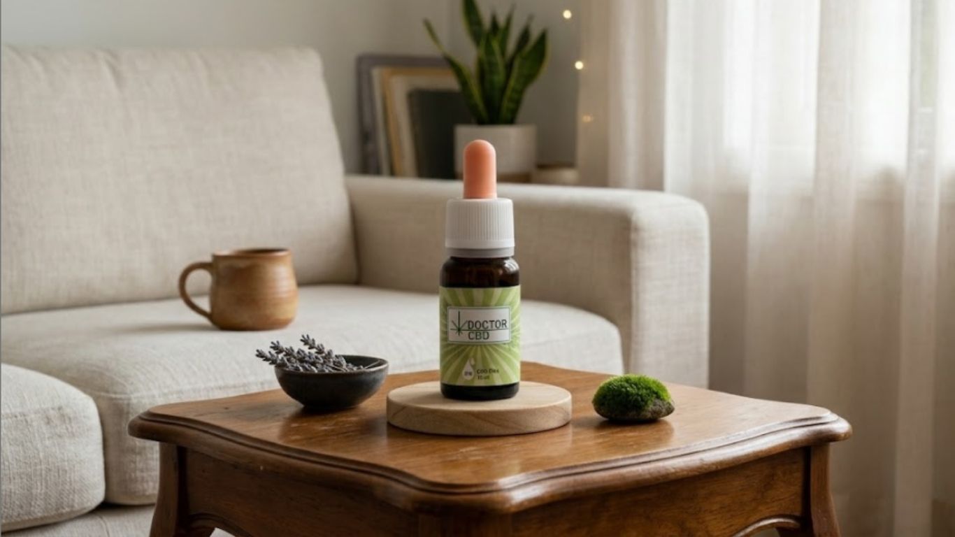 CBD para dormir melhor com óleo Doctor CBD apresentado numa mesa de sala tranquila com elementos naturais que transmitem relaxamento e descanso