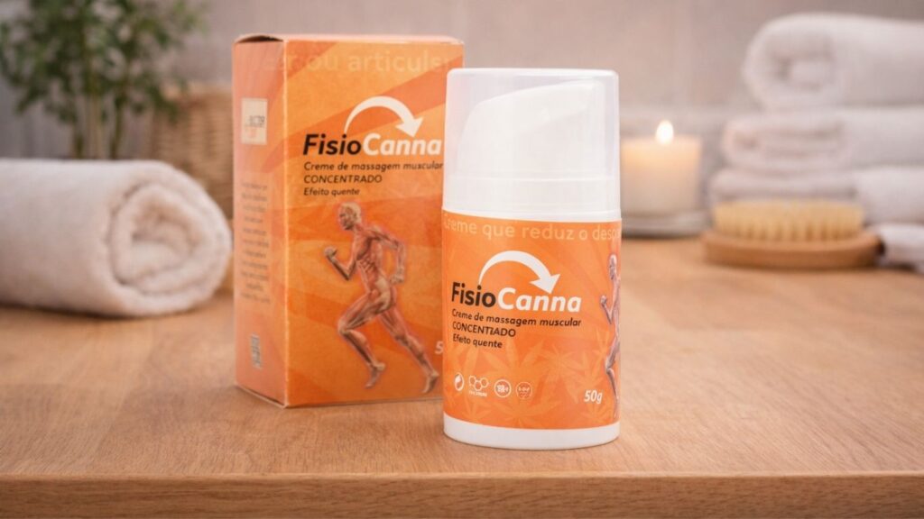 CBD para dor muscular – creme FisioCanna de massagem muscular Creme FisioCanna de massagem muscular apresentado num ambiente tranquilo de casa como opção de CBD para dor muscular e relaxamento do corpo