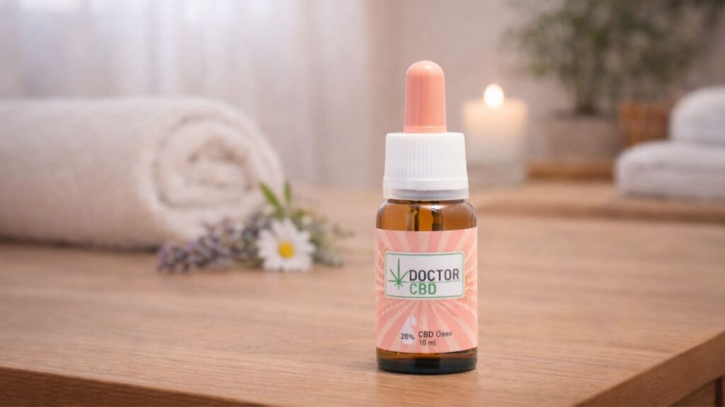 Frasco de óleo CBD para dormir Doctor CBD apresentado num ambiente tranquilo de casa com elementos relaxantes para apoiar o descanso e o bem-estar noturno