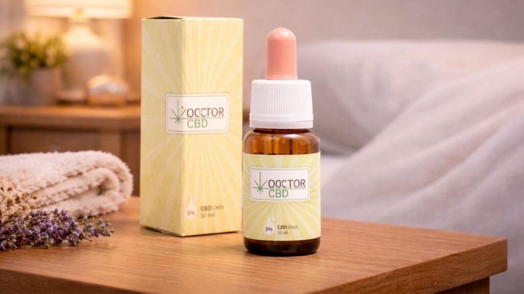 Frasco de óleo CBD para dormir Doctor CBD 5% apresentado numa mesa de cabeceira num ambiente tranquilo de descanso e relaxamento