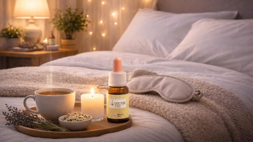 Óleo CBD para dormir Doctor CBD colocado numa bandeja ao lado de chá, lavanda e vela num quarto tranquilo preparado para descanso e sono