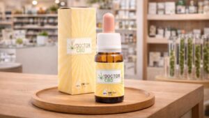 Frasco de óleo CBD Doctor CBD 10% com embalagem apresentado num espaço expositivo moderno com prateleiras de produtos naturais ao fundo