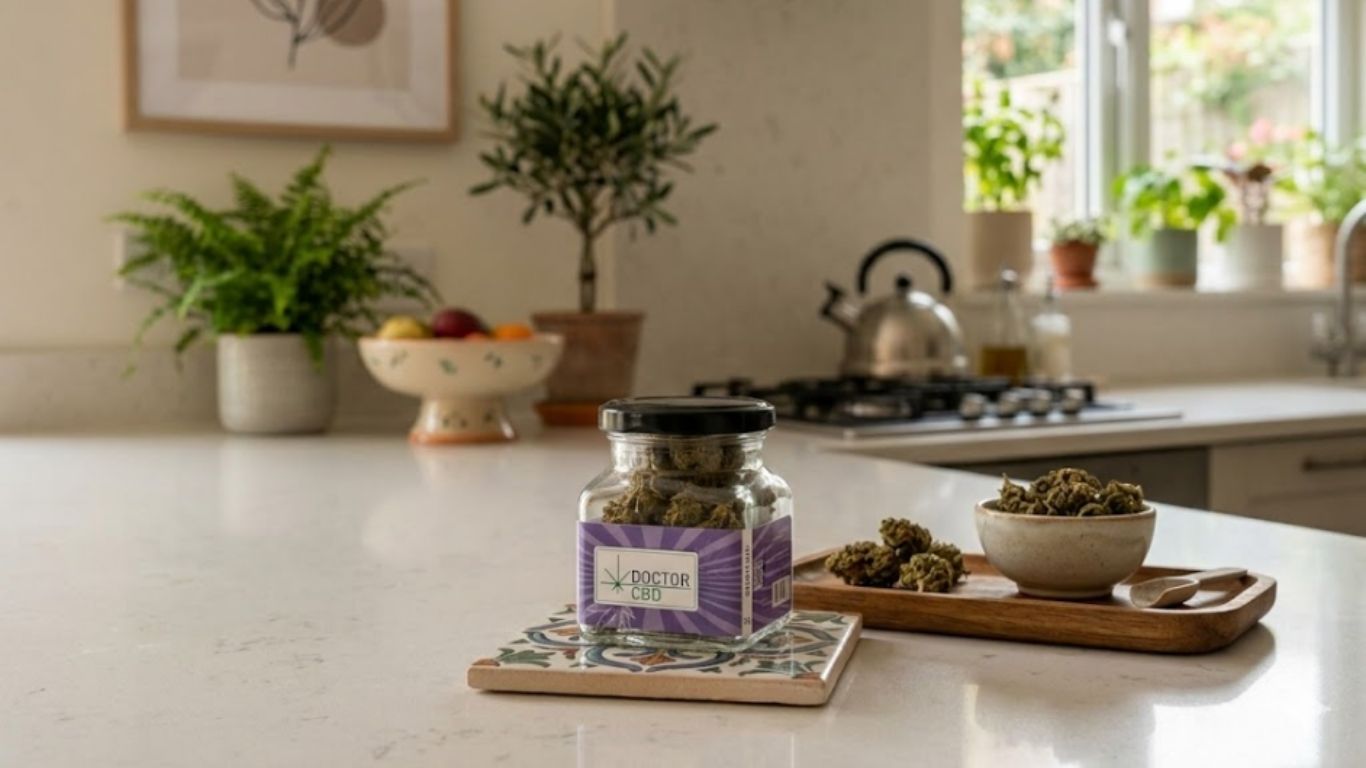 Frasco de flores Doctor CBD numa cozinha luminosa com plantas, representando uma rotina natural de CBD para dormir melhor e promover relaxamento