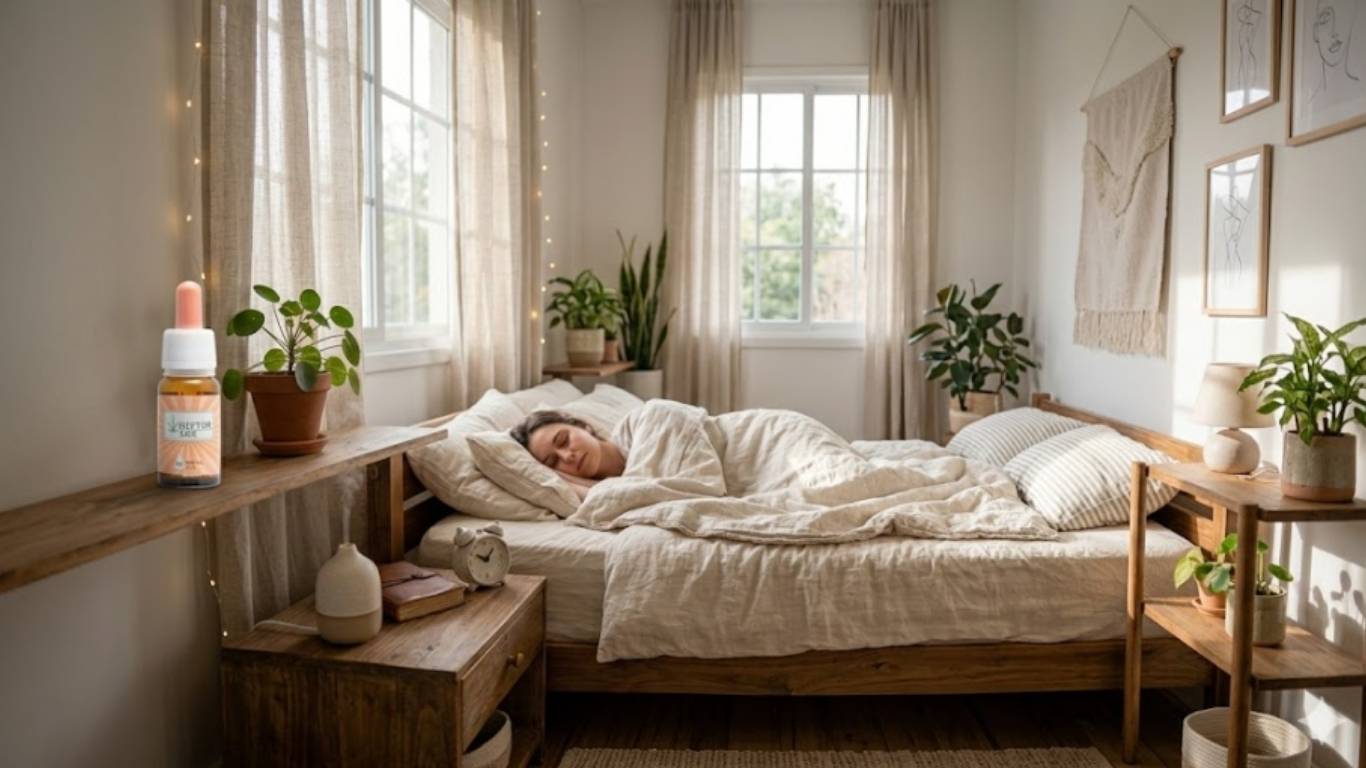 CBD para dormir melhor com óleo Doctor CBD num quarto tranquilo onde uma pessoa dorme num ambiente natural e relaxante