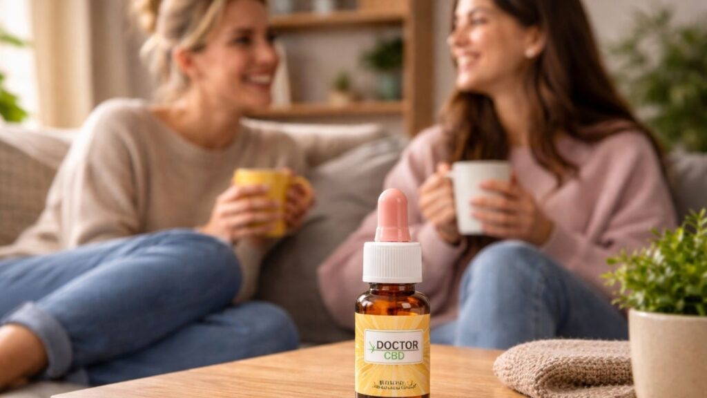 CBD faz mal ilustrado com óleo CBD em ambiente doméstico e social descontraído