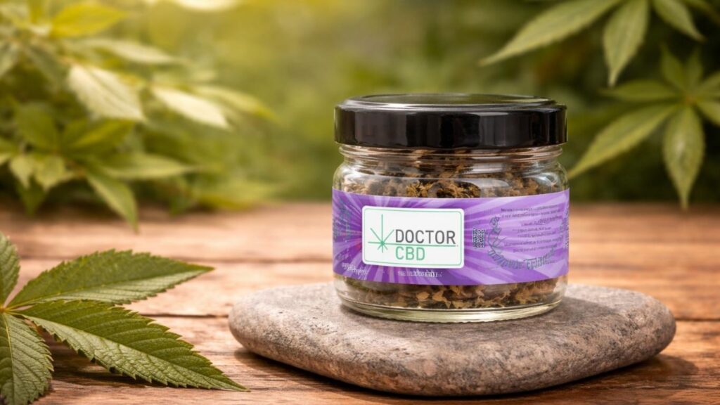 CBD faz mal representado por flores de CBD em embalagem Doctor CBD em ambiente natural