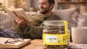 CBD faz mal representado por flores de CBD em ambiente doméstico relaxante