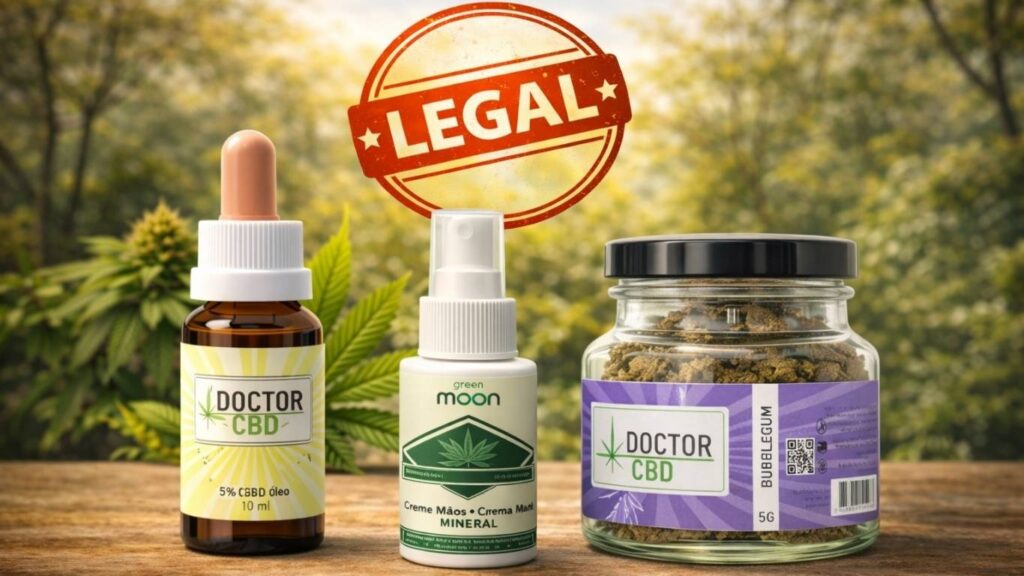CBD é legal? Tudo o que precisa de saber em Portugal 3 CBD é legal representado por óleo CBD, creme de cânhamo e flores CBD em ambiente natural