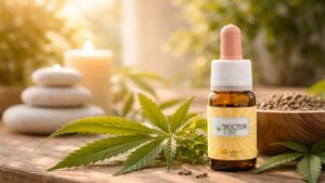 CBD para epilepsia representado com óleo CBD em ambiente natural com elementos de relaxamento e cânhamo