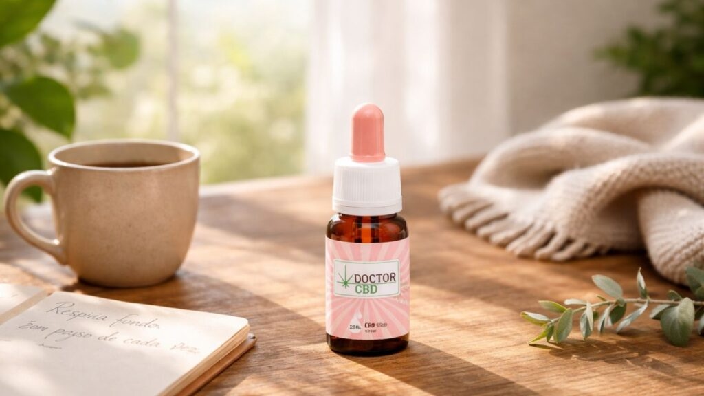 CBD para ansiedade social ilustrado com óleo CBD em ambiente calmo e acolhedor