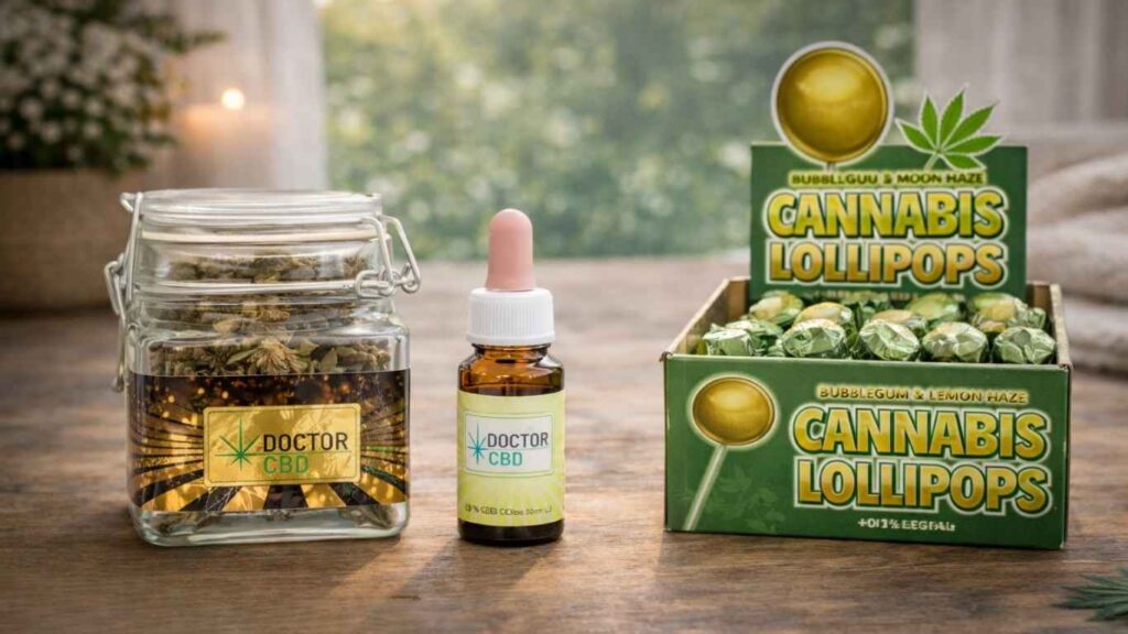 CBD para ansiedade social ilustrado com flores CBD, óleo CBD e produtos derivados em ambiente acolhedor