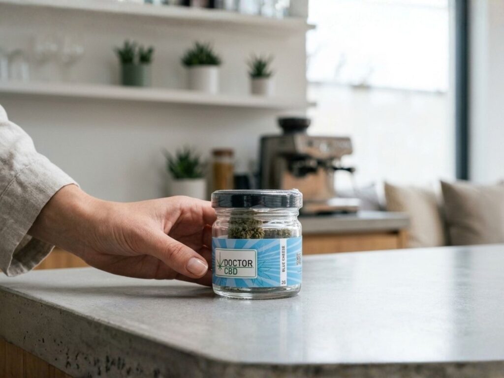 Mão segurando pote de Blue Cheese CBD da Doctor CBD em mesa de cozinha, com flores de cânhamo Blue Cheese CBD visíveis através do vidro, ilustrando a praticidade e qualidade da flor de cânhamo rica em CBD